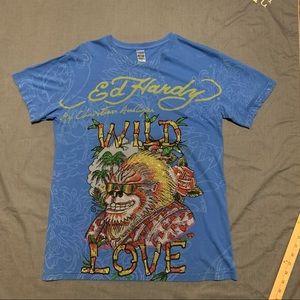 Men’s Large Blue Ed hardy short sleeve crewneck rhinestones “Wild Love “ Shirt